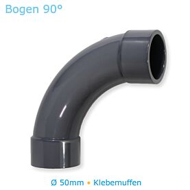 PVC Fitting Bogen 90° mit Ø 50mm Klebemuffen