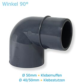 PVC Fitting Winkel 90° Ø50mm Klebemuffe x Ø 40/50mm Klebestutzen